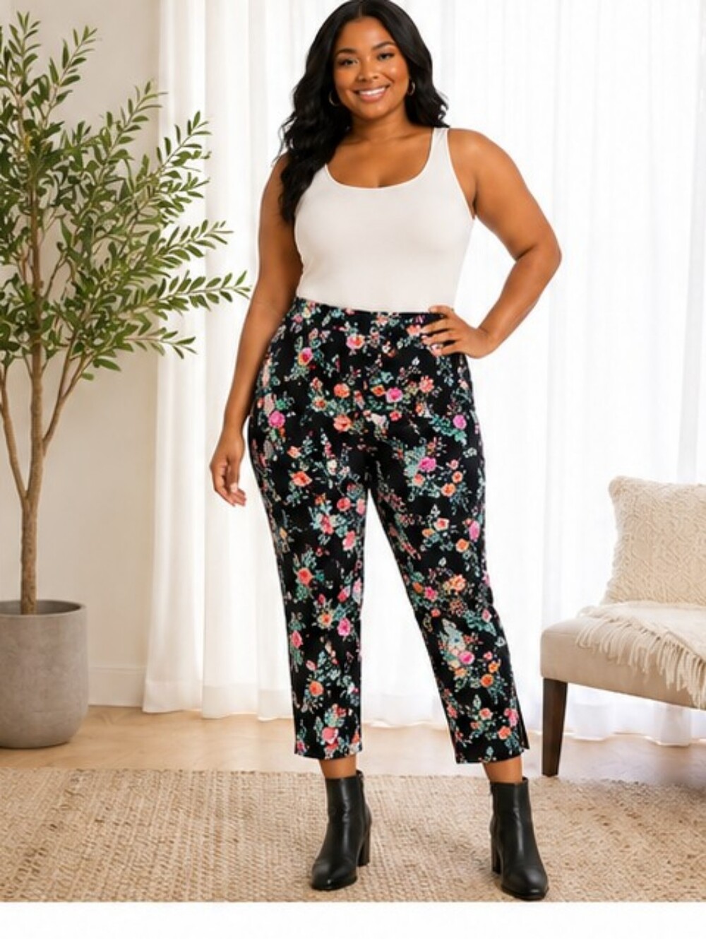 COUNTERPARTS FLORAL BOUQUET CROP PANTS - Black -Super Stretch - SIZE 2X NWT - Picture 10 of 10